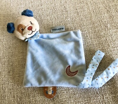 Nattou Blue Brown Puppy Dog Moon Baby Security Blanket Pacifier Holder Toy Lovey