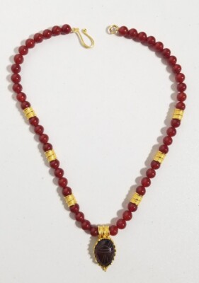 Vintage MMA WAG Egyptian Revival Scarab Carnelian Gold Necklace 18''