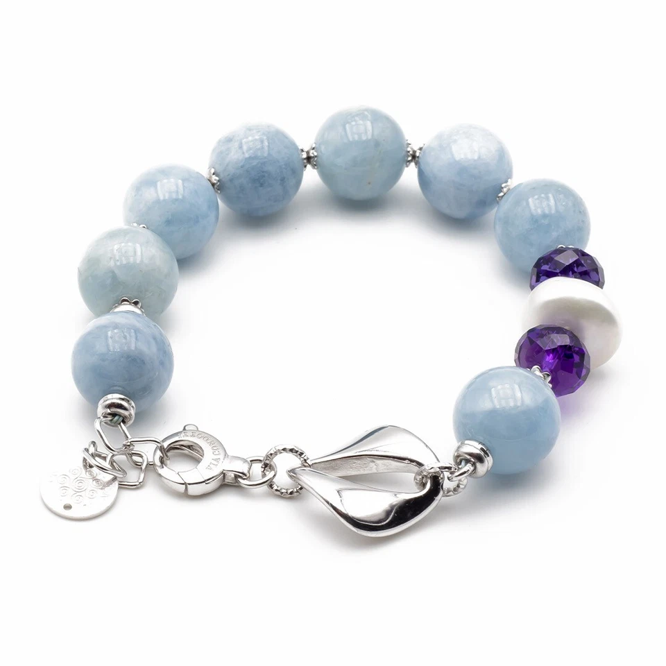 Bracciale in Acquamarina Ametista e Perla pietre dure naturali e Argento rodiato - Immagine 3 di 4