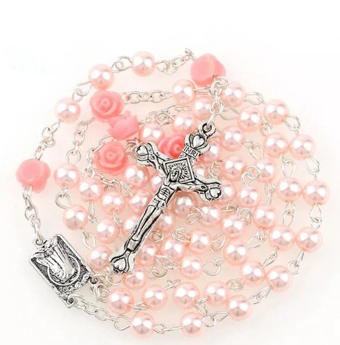 Pink Pearl Beads With Roses Rosary Necklace Lourdes Center Jerusalem Crucifix - Picture 2 of 10