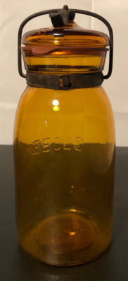 Antique Amber Glass GLOBE Quart Canning Jar #3/Meter Ring Lever