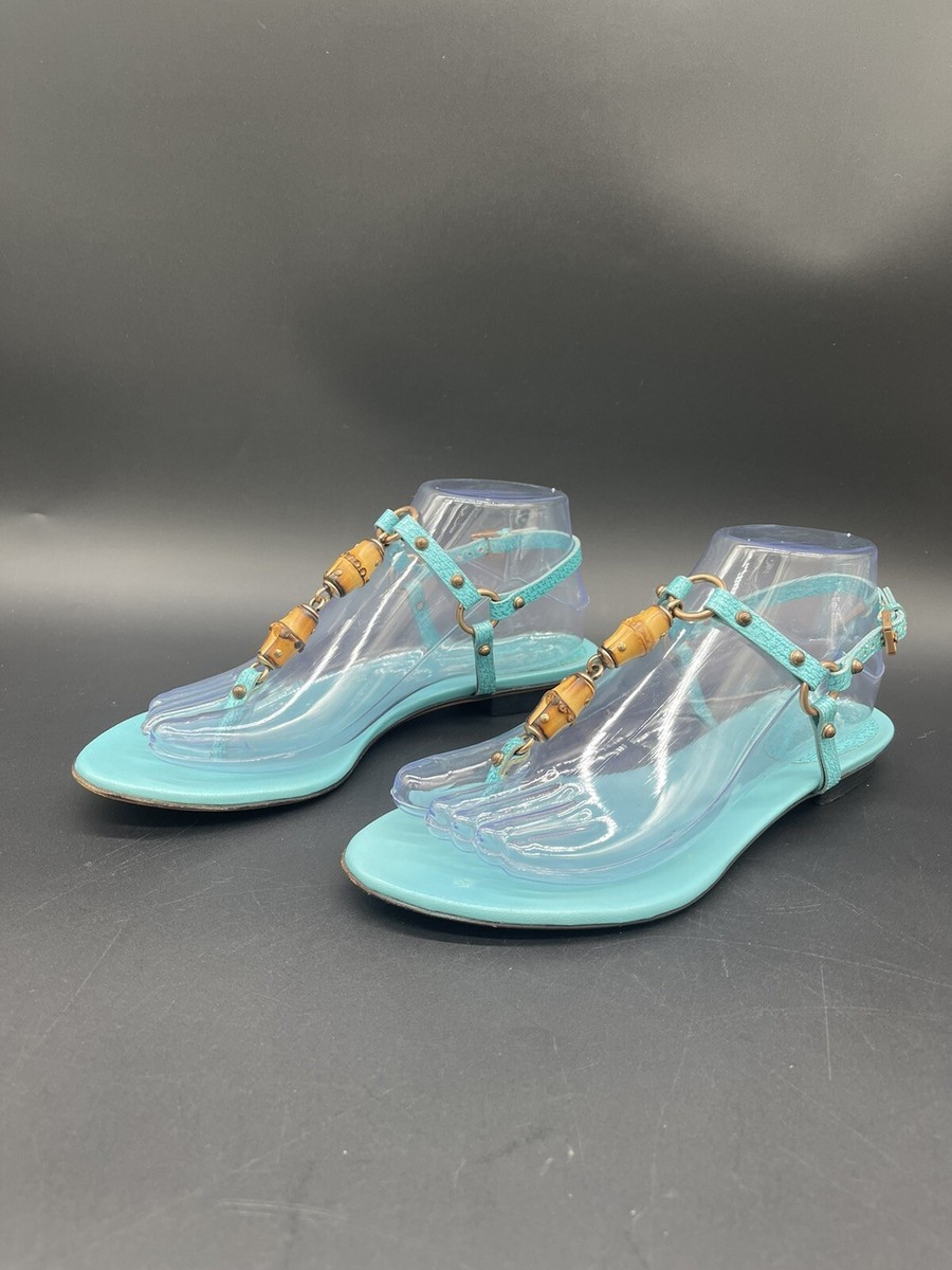 Vintage GUCCI Turquoise T-Strap Thong Blue Leather & Bamboo Flat