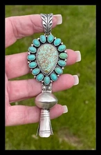 NAVAJO ~SS ~4 3/4 IN LONG ~ KINGMAN TURQUOISE ~SQUASH PENDANT~GERALDINE JAMES