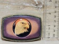 Vintage Alumaline Eagle Head Hand Painted Leather Belt Buckle BB-317 Clean