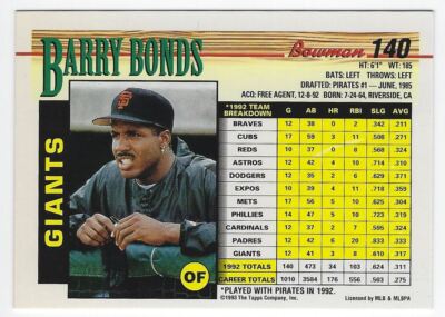 1993 Bowman #140 Barry Bonds San Francisco Giants | eBay