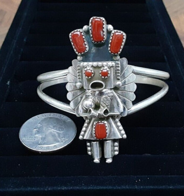 Navajo D. Smallcanyon  MORNING SINGER KACHINA DANCER BRACELET Sterling Red Coral