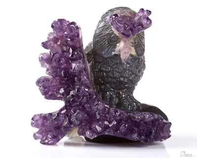 2.5'' Agate Amethyst Druse Hand Carved Crystal Owl Sculpture, Crystal Healing