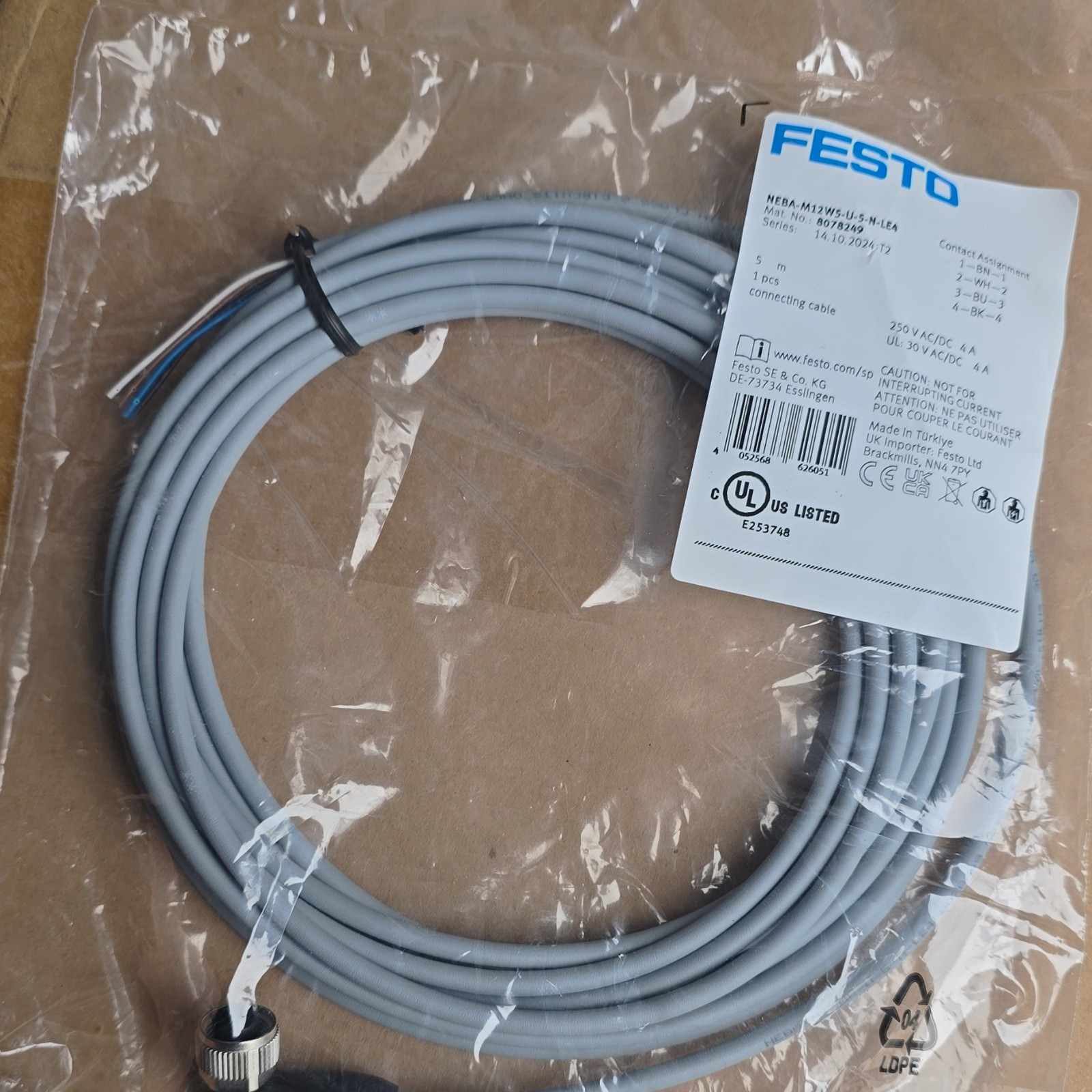 Festo NEBA-M12W5-U-5-LE4 M12 Connecting Cable Cord 5 m