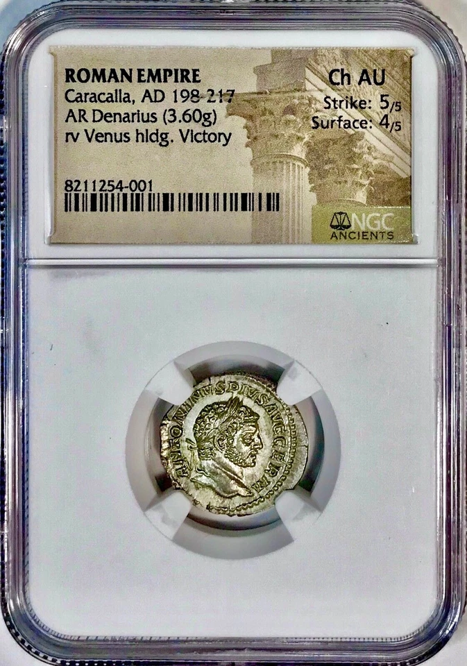 Antigua Caracalla de Plata Romana 198-217 dC Roma AR Denario NGC Elección AU Foto 2 de 4