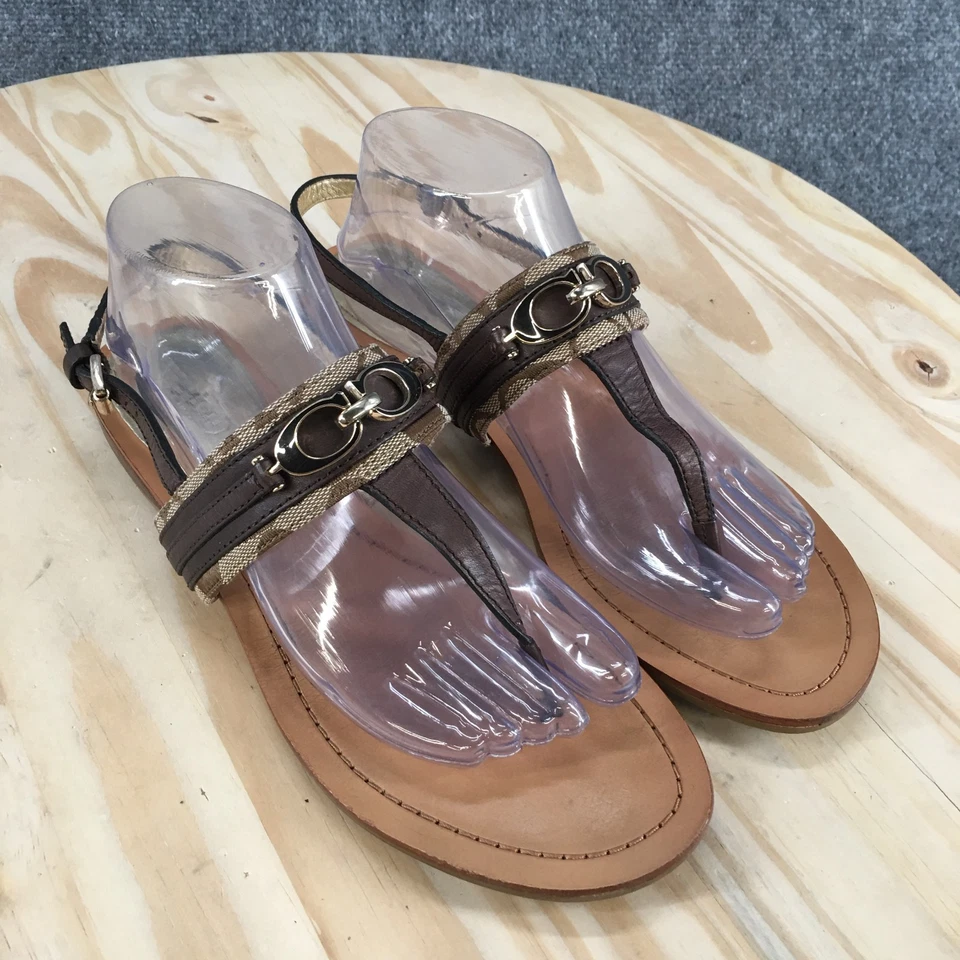 Sandalias Coach para mujer 10 B con cordones de cuero marrón hebilla punta abierta informales planas Foto 3 de 4