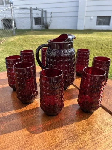 Vintage MCM Anchor Hocking Ruby Red Bubble 9 piece pitcher and tumbler/juice set