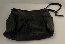Vintage Black Leather Shoulder Handbag Zippered Pockets Adjustable Strap 12x10