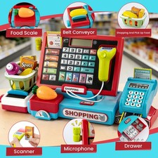 Kids Cash Register Toy Playset with Real Calculator, Pretend Play Store Toy