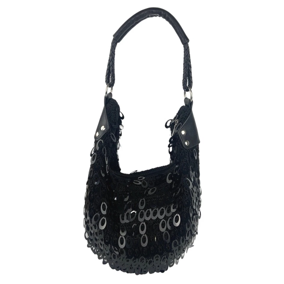 Women's Black Crochet Droplet Sequin Zipper Evening Party Hobo Shoulder Bag - Image 2 of 2