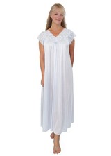 Shadowline Women's Nightgown Silver Nylon Long Silky Sleepwear Lace Cap Sleeves