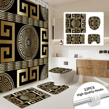 4PCS Black Gold Geometric Print Fabric Shower Curtain Set Modern Waterproof S