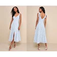 Lulus Charismatic Persona Light Blue Floral Tie-Strap Midi Dress Size XL