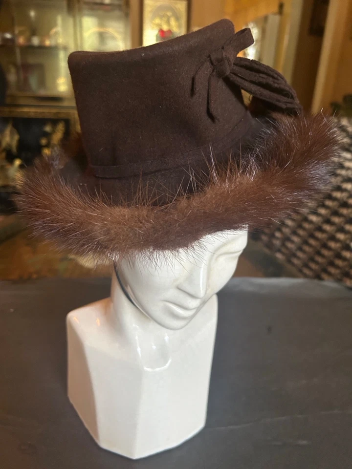 De Colección Años 40 Piel de Visón Marrón Fascinador Fieltro Sombrero con Arco Acento Derby Show Niña Formal Foto 3 de 4