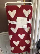Woven Throw, 50x60, Cotton-Polyester, Red with Hearts New Comfy Warm Blanket