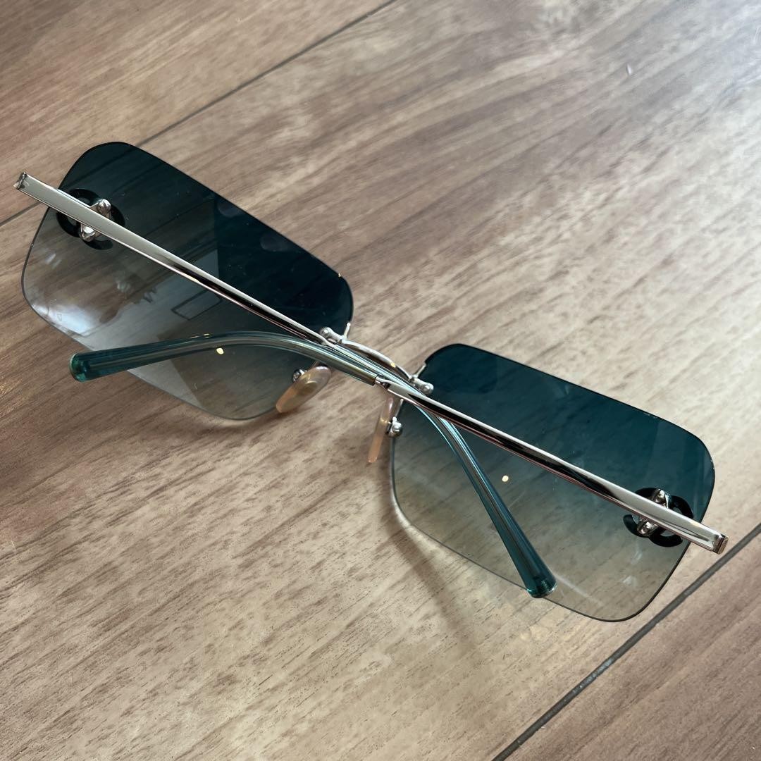 CHANEL Rimless Sunglasses Green Blue Square Silver Frame Coco Mark