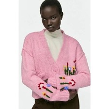 Zara Embroidered Jacquard Knit Oversized Sweater Cardigan Pink Size Small