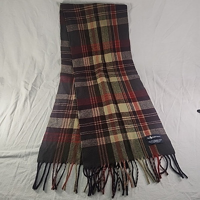 Scarf Polo Ralph Lauren Tartan Plaid Fringed Brown Gray 100
