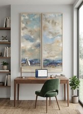 Set of Large Vertical Coastal Abstract Canvas Art Blue Floater Framed 36x42 set