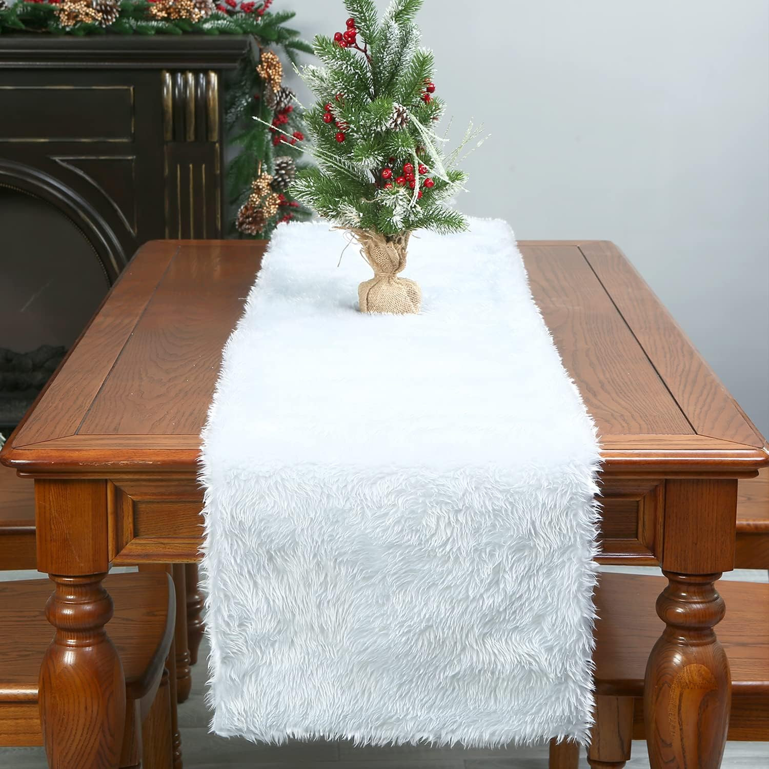 Faux Fur Table Runner 15x70 Inch,White Table Decoration for Xmas