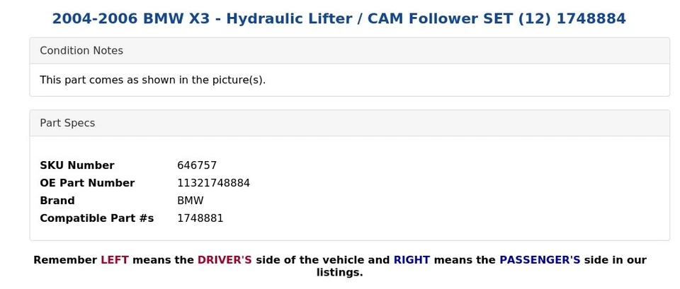 2004-2006 BMW X3 - Hydraulic Lifter / CAM Follower SET (12) 1748884 - Image 2 of 3