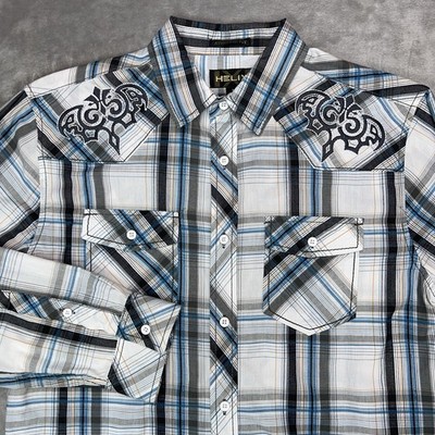 HELIX Shirt Men s Medium Blue Plaid Athletic Fit Long Sleeve Button Gothic Cross