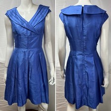 Tahari ASL Petite 4P Blue Pleated Sleeveless A-Line Flare Dress