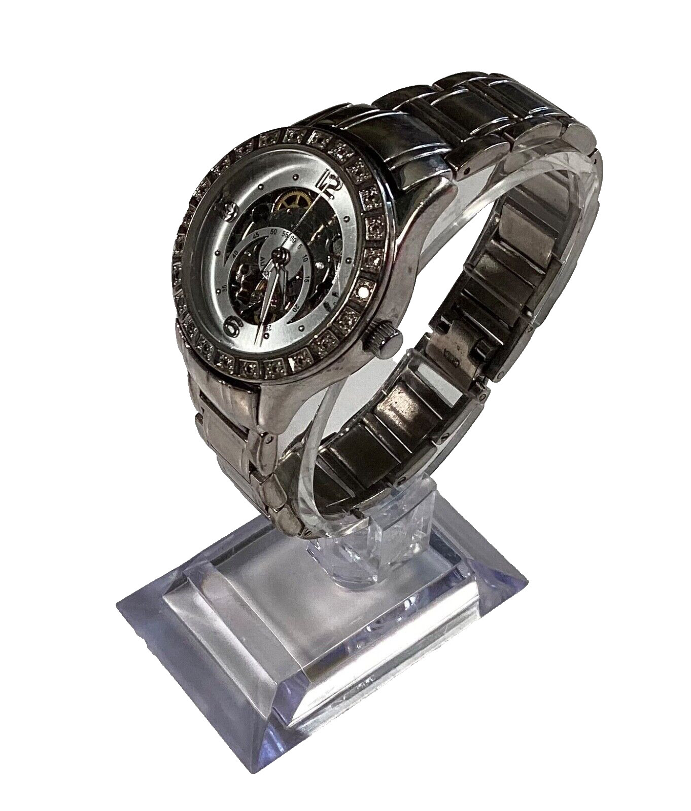 DMQ Silvertone Skeleton Automatic Movement Gemmed… - image 2