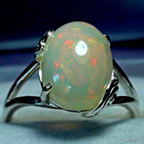 NATURAL! 3.35 ct WHITE VERY FLASH ETHIOPIAN OPAL RING 925 STERLING SILVER.6.75 - Picture 4 of 11