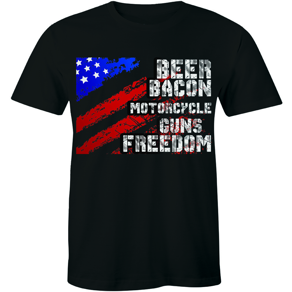 Beer Bacon Motorcycle Gun Freedom US American Flag Men T-shirt