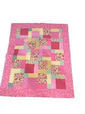 Signed Pink Yellow Patchwork Baby Infant Girl Quilt Handmade Floral 48" X 40"