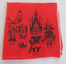 12 inch square Kokopelli red linen handkerchief hanky black 5 figures