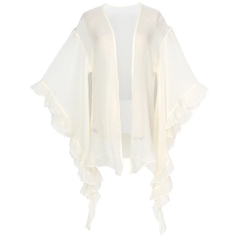 Women Chiffon Outwear Cardigan Kimono Flare Sleeve Tops Ruffle Summer Beach - Image 2 of 4