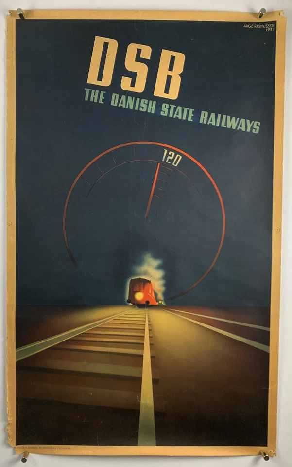 DSB Orig DÄNISCHE STAATSBAHNEN REISEPLAKAT 1937 24 1/4"x39 1/4" Zug Eisenbahn