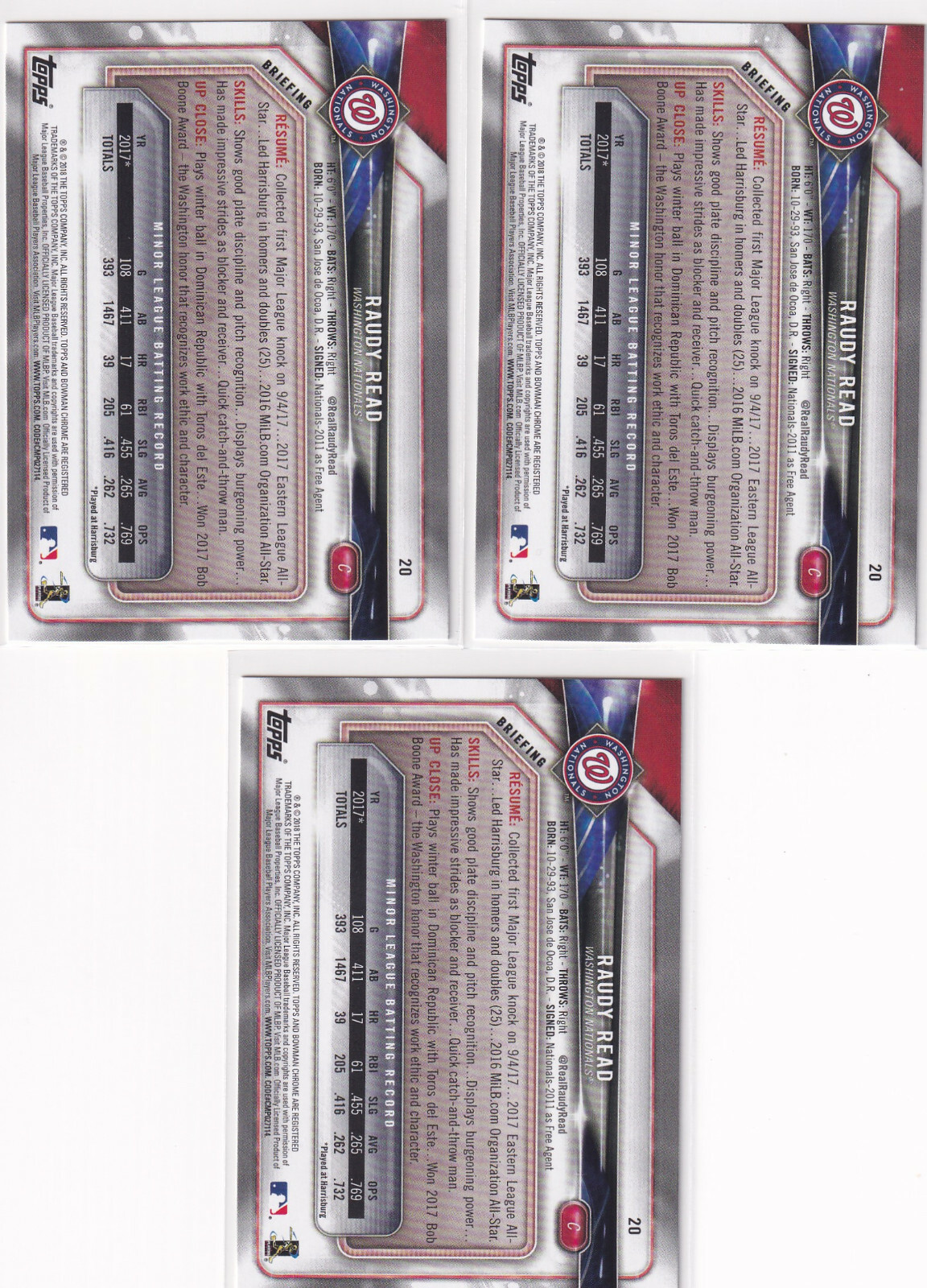 LOT (3) 2018 BOWMAN RC RAUDY READ WASHINGTON NATIONALS ROOKIE - H2936