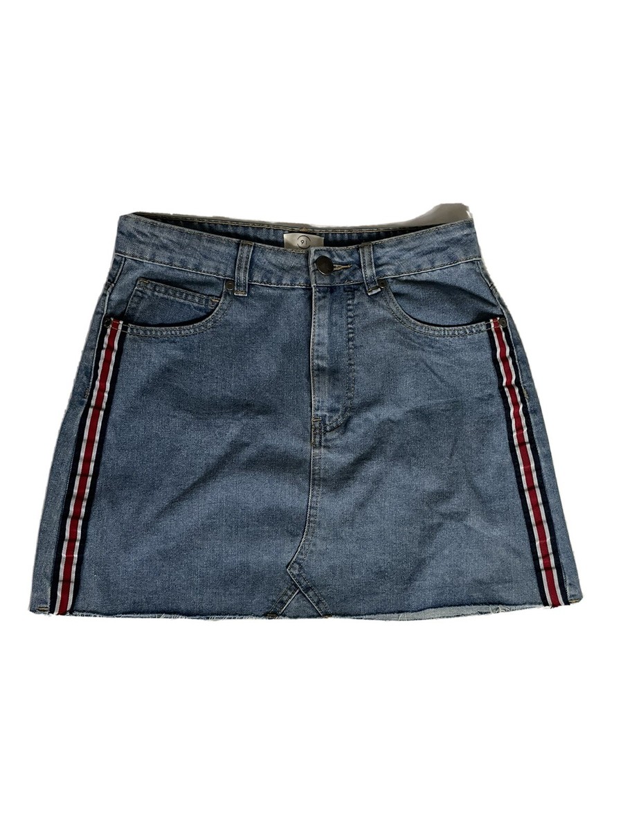 91 Cotton On A-Line Mini Denim Skirt Raw Hem Ribbon Accent Sz