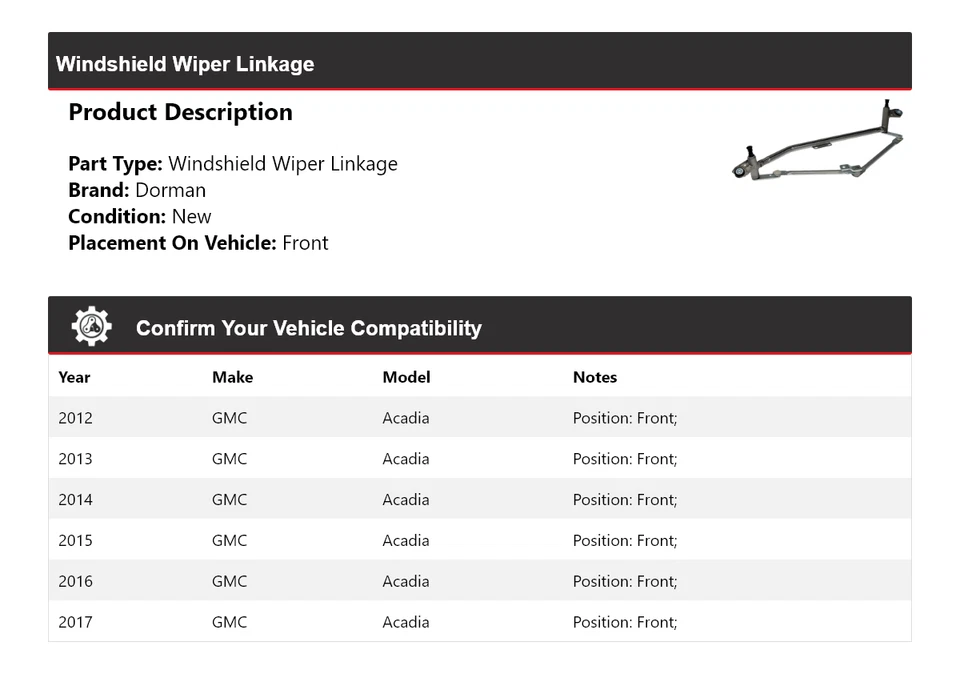 Para GMC Acadia Dorman 2012-2017 limpiaparabrisas acoplamiento delantero 2013 2014 2015 Foto 2 de 4