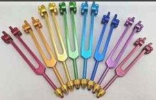 Tuning Fork Chakra Weighted Set of 8 for Healing with Gem Amplitudes Color Coded
