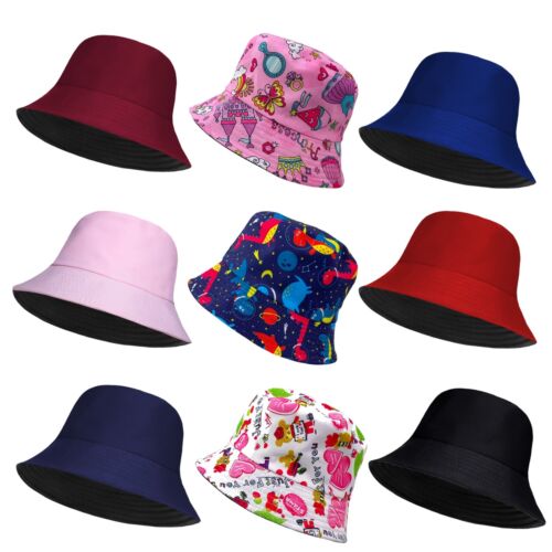 Reversible Youth Kids Bucket Bush Cotton Sun Hat Cap - One Size - 52/56 - Afbeelding 1 van 10