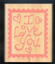I LOVE YOU Postage Stamp Edge HEARTS Post card word NEW wood mount RUBBER STAMP