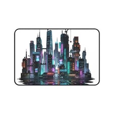 Neon Cyberpunk City Desk Mat  Futuristic Skyline Mousepad