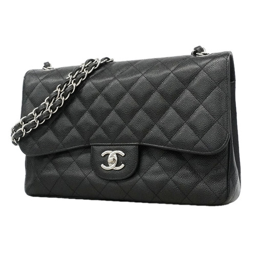 Chanel Double Flap Chain Shoulder Bag Quilted Caviarskin Black with Box #OTB341