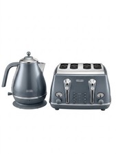 DeLonghi Argento Flora Kettle 1.7L And 4 Slice Toaster Set Grey Stainless Steel