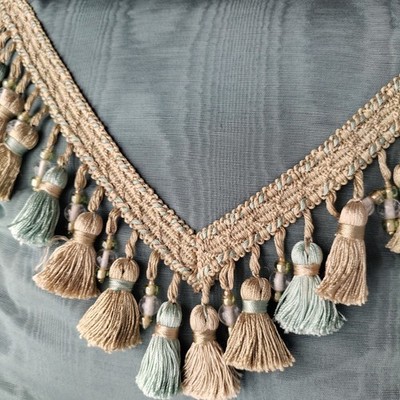 Custom Blue Moiré Pillows with Tassels & Beaded Fringe Trim Vintage Pair 14x15''
