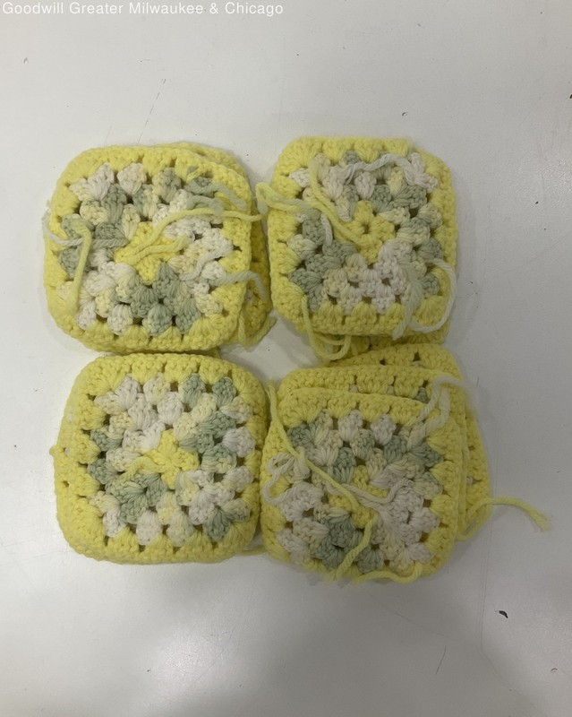 Vintage Yellow White Floral Crochet Square Coasters Drink Doilies Set of 12