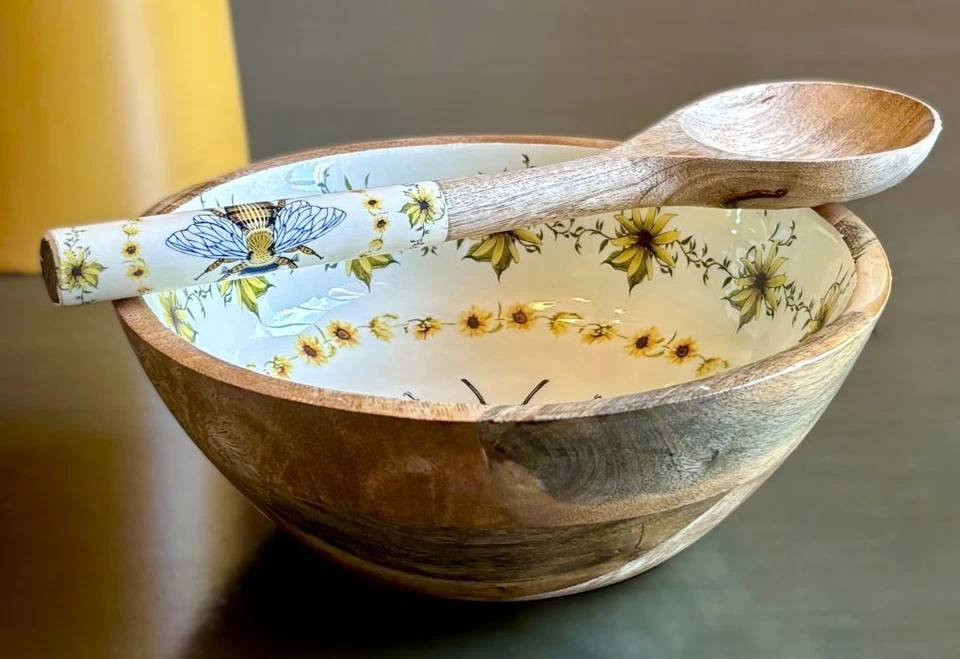 Juego de Cuenco y Cuchara para Servir Artesanal Abeja Floral French Country 8" Nuevo Foto 4 de 4